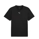 Remera deportiva Puma Essentials Heather Cat color verde con logo pequeño negro en el pecho.