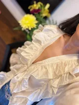 Camisa de organza negra con volados en el frente y mangas abullonadas.