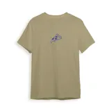 Remera color beige con estampado de una porción de pizza en el pecho.