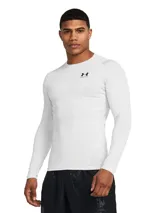 Remera deportiva Under Armour HeatGear Armour de manga larga, color blanco con logo negro en el pecho.