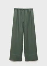 Pantalón largo de lino color verde musgo, de corte recto y tiro medio, con cintura elástica ajustable con lazo.