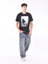 Remera gris con estampa de la Ópera de Sídney y un skater haciendo parkour.