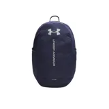 Mochila Under Armour Hustle Lite color azul marino con logo y nombre de la marca en gris claro. Resistente al agua y ligera.