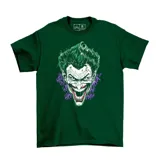 Remera negra con estampado del rostro del Joker con pelo verde y la leyenda 'HAHA' en color violeta.