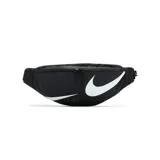 Riñonera negra con logo Nike Swoosh blanco estampado en el frente.