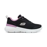 Championes deportivos Skechers Skech-Air Dynamight 2.0, color negro con detalles en lila y logo "S" en el lateral. Capellada de malla con superposiciones sintéticas, plantilla Memory Foam y entresuela Skech-Air con cámara de aire visible.