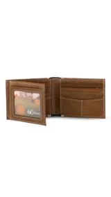 Billetera de cuero marrón oscuro, estilo bi-fold, con un panel lateral en cuero negro y costuras decorativas en color claro. Presenta el logo "Lincoln's" grabado en el frente.