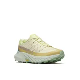 Zapatillas deportivas Merrell Agility Peak 5, color crema con detalles en amarillo y suela verde.