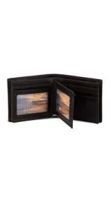 Billetera de cuero color marrón con volante central, doble visor transparente para documentos y doble compartimento para billetes.