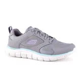 Championes deportivos Skechers Track Grand Scene, color gris con detalles en violeta y celeste. Capellada de malla, cordones y plantilla Memory Foam.