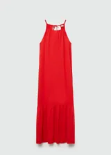 Vestido largo rojo de algodón con tirantes finos, escote halter y corte evasé.