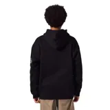 Canguro negro con capucha, cordones ajustables, bolsillo tipo canguro y puños y cintura acanalados. Estampado con el logo de la marca en el pecho y diseños gráficos en la manga derecha.