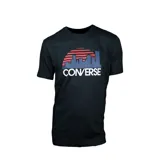 Remera negra con diseño gráfico de la marca Converse y motivos urbanos en color rojo y azul.