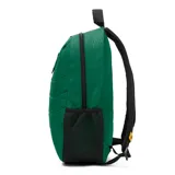 Mochila azul con estampado geométrico, logo de la marca en el frente, tirantes ajustables de malla elástica, bolsillo portaobjetos y ranuras para bolígrafos en el compartimento principal, compartimento trasero con bolsillo acolchado para portátil y cierre de cremallera.