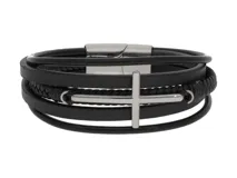 Pulsera de cuero sintético negro con múltiples tiras de diferentes texturas y dije de cruz plateada. Cierre magnético metálico.