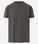 Remera verde militar de algodón con textura acanalada, cuello redondo y mangas cortas.