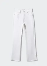 Pantalón de jean blanco, de corte flare crop, tiro alto y bajo deshilachado.