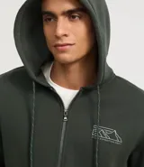 Saco canguro con capucha para hombre, color verde oscuro, con cierre de cremallera, cordón ajustable, bolsillo canguro y estampa de montaña en el pecho.