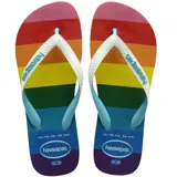 Sandalias Havaianas Top Pride con suela a rayas con los colores del arcoíris, tiras blancas con textura y logo de la marca.
