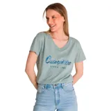 Remera blanca de algodón y poliéster reciclado, con cuello en V y logo de Caterpillar estampado en plateado en el pecho.