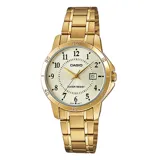 Reloj Casio clásico para mujer, con caja y pulsera de acero inoxidable dorado, esfera color champagne con números arábigos y agujas doradas, indicador de fecha a las 3 y cristal mineral.