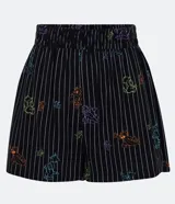 Short negro con rayas verticales blancas y estampado de Tom y Jerry en colores.