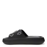 Chanclas negras de goma con apliques blancos en forma de rayo.