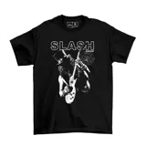 Remera negra con estampado gráfico de un guitarrista tocando una guitarra eléctrica.