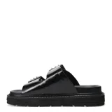 Sandalias negras con plataforma, doble tira ancha con hebillas plateadas y suela track.