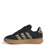 Championes Adidas Grand Court Alpha 00s, color negro con detalles animal print en las tres tiras laterales y suela marrón.