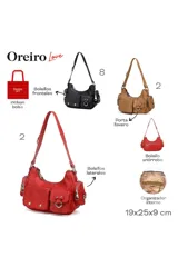 Cartera Las Oreiro color marrón, con múltiples bolsillos frontales con solapa y cierre, y bolsillos laterales con cierre. Tiene una correa ajustable para el hombro.