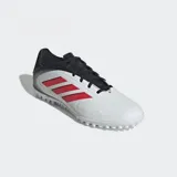 Championes Adidas Copa Pure 3 Club TF para hombre, color blanco con detalles en negro y rojo.