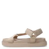 Sandalias deportivas con plataforma, tiras de tela acolchada en colores beige, rosa y lila, ajuste con velcro y suela negra.