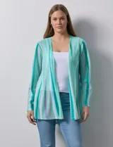 Cardigan largo plisado marca Ruby Rd, con diseño a rayas verticales en tonos verde agua, blanco y lila.