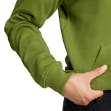 Buzo canguro Adidas color verde oliva con capucha ajustable con cordones, bolsillo tipo canguro y logo del trifolio bordado en blanco en el pecho.