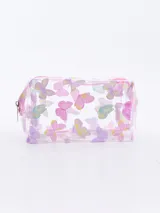 Necesser transparente con estampado de mariposas en tonos pastel.