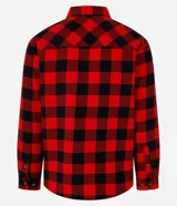 Camisa masculina de franela con estampa de cuadros en tonos grises y blancos, cuello inglés, abotonada, manga larga, modelo comfort con bolsillo en el pecho.
