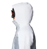 Campera Columbia Snowy Summit para mujer, en tonos gris y blanco. Impermeable y transpirable, con costuras selladas, forro termorreflectante Omni-Heat, capucha ajustable compatible con casco, faldón antinieve, múltiples bolsillos y puños con orificios para los pulgares.