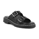 Sandalias bajas color verde militar con doble tira ancha con hebillas metálicas y suela track color negro.