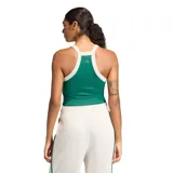 Musculosa crop top de mujer Adidas, color verde esmeralda, con ribetes color crema en el escote y tirantes. Presenta el logo de Adidas bordado en blanco en el pecho.