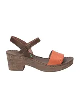 Sandalias de cuero marrón con plataforma de 6 cm y capellada color naranja tejida.