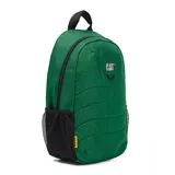 Mochila azul con estampado geométrico, logo de la marca en el frente, tirantes ajustables de malla elástica, bolsillo portaobjetos y ranuras para bolígrafos en el compartimento principal, compartimento trasero con bolsillo acolchado para portátil y cierre de cremallera.