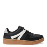 Zapatillas deportivas negras con detalles en blanco y suela color caramelo.