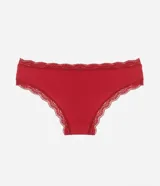 Bombacha bikini roja de poliamida con detalles de encaje y dije de cereza.