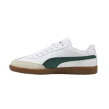 Championes Puma 9T blancos con detalles en verde y beige, suela color caramelo.