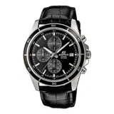 Reloj cronógrafo Casio Edifice con caja de acero inoxidable plateada y esfera negra. Presenta una correa de cuero negro con textura, cristal mineral, funciones de cronómetro, visualización de fecha y resistencia al agua de 100 metros.