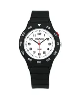 Reloj Mistral deportivo con correa de silicona negra, esfera blanca con números negros y bisel negro con números blancos.