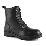 Bota de cuero color marrón con cordones y suela de goma negra.