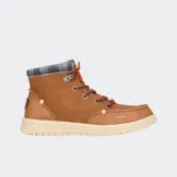 Botas Hey Dude modelo Bradley Classic, color marrón, con cordones y cuello de tela escocesa.