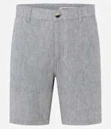 Bermuda de hombre en lino color gris claro, de corte recto, con textura discreta, bolsillos laterales y cierre frontal con botón y cremallera.